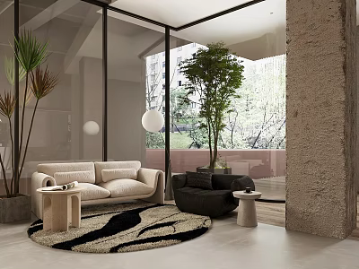 Modern Reception Area With Beige Sofa Green Plants Large Windows And Round Rug 3d model