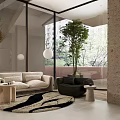 Modern Reception Area With Beige Sofa Green Plants Large Windows And Round Rug