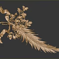 Artistic Intricate Golden Sculpture Carving With Feather Flowers And Decorative Leaves