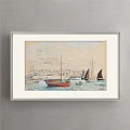 Scenic Landscape Painting With Sailboats On Calm Water And Coastal Buildings