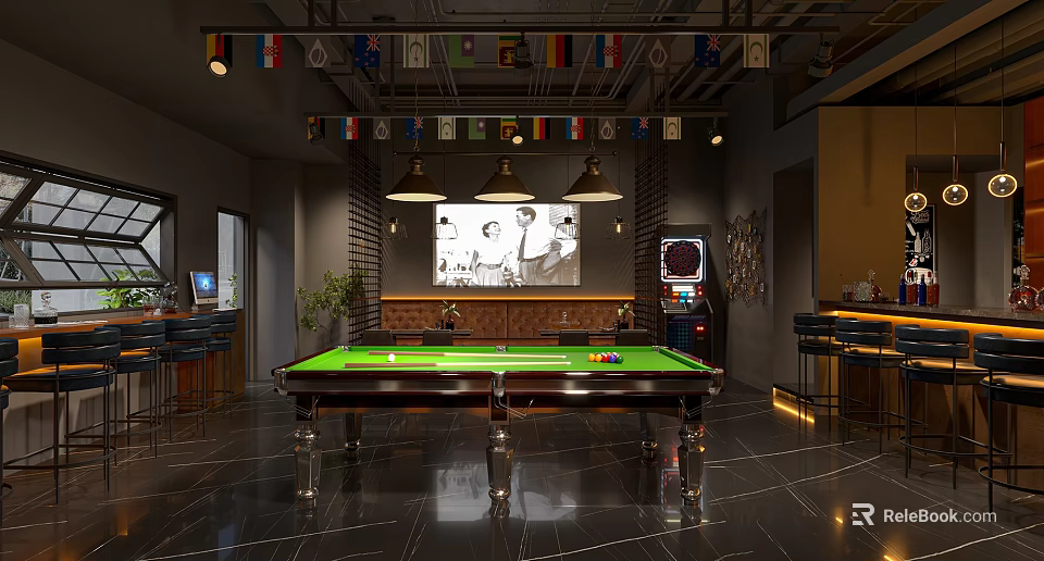 Modern Bar Interior With Green Pool Table Flags Wall Photo And Hanging Lights 3d model 