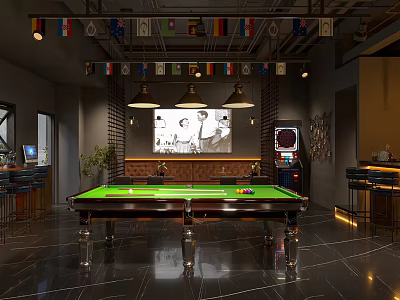 Modern Bar Interior With Green Pool Table Flags Wall Photo And Hanging Lights 3d model