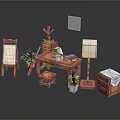 Vintage Wooden Furniture Collection Featuring Easel Desk Table Lamp Small Stool Potted Plant And Cabinet