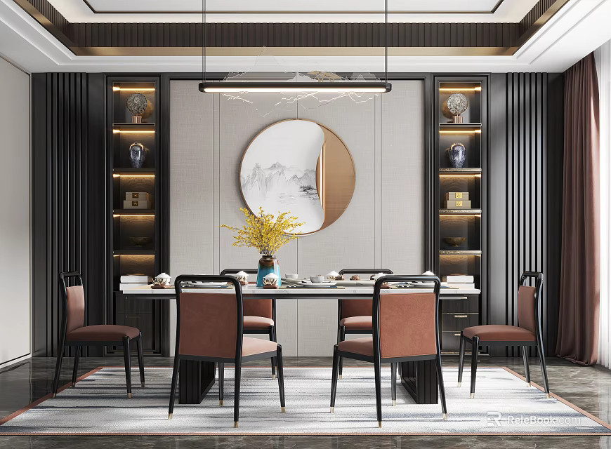 Elegant Modern Restaurant Interior With Dining Table Chairs And Round Decorative Mirror 3d model