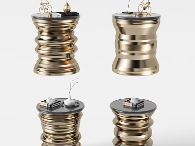 Golden Spiral Designed Metallic Round Side Tables With Decorative Items On Top 3d model