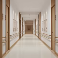 Elevator Corridor With Wooden Door Frames Handrails And Bright Lighting 3d model