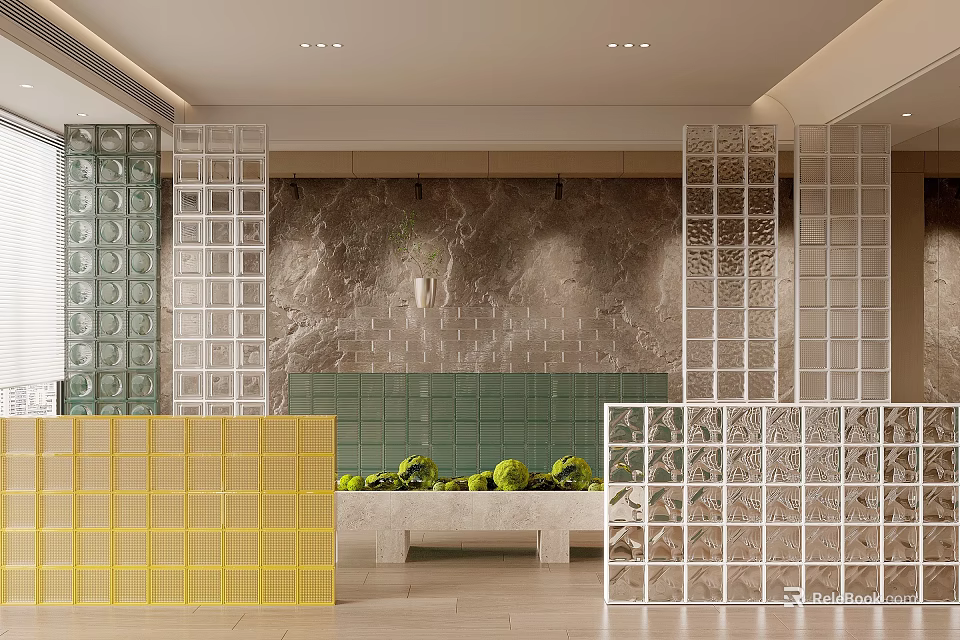 Glass Block Room Dividers In Modern Interior With Colored Panels And Stone Wall 3d model 