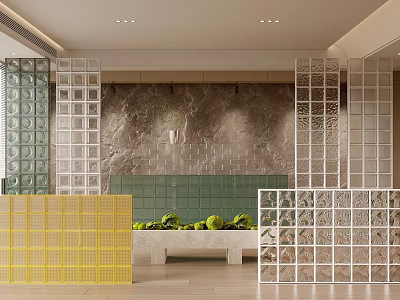 Glass Block Room Dividers In Modern Interior With Colored Panels And Stone Wall 3d model