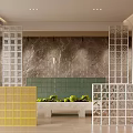 Glass Block Room Dividers In Modern Interior With Colored Panels And Stone Wall