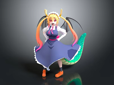 Cute Child Dragon Girl With Yellow Horns Twintails Blue Dress And Green Tail 3d model