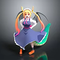 Cute Child Dragon Girl With Yellow Horns Twintails Blue Dress And Green Tail