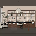 Warm Study Room Interior With Wall Bookshelves Desk Chair Potted Plant And Hanging Lamp