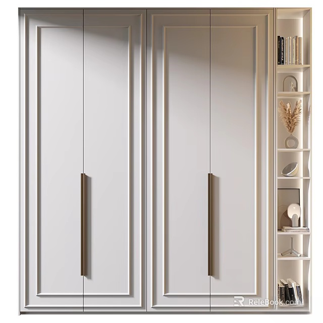 Modern White Wardrobe With Vertical Strip Handles And Side Display Shelves 3d model 