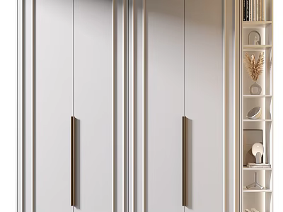 Modern White Wardrobe With Vertical Strip Handles And Side Display Shelves 3d model