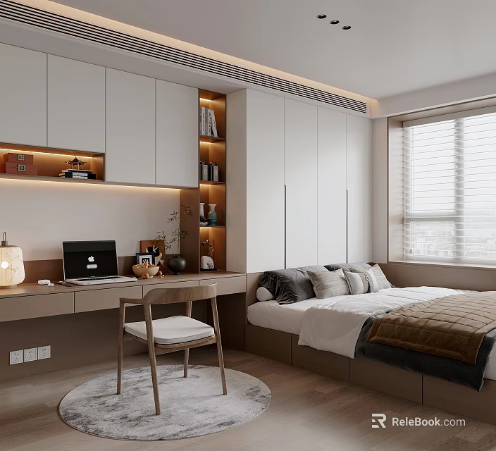 Modern Tatami Bedroom Interior Design With Bed Desk Chair Cabinets And Window Blinds 3d model 