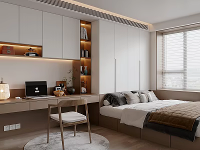 Modern Tatami Bedroom Interior Design With Bed Desk Chair Cabinets And Window Blinds 3d model