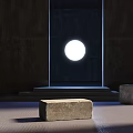 Modern Dark Wall Interior With Round Illuminated Light And Stone Bench 3d model