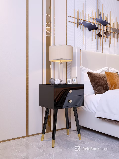 Modern Glossy Black Bedside Table With Table Lamp Photo Frames And Decorative Items In Bedroom 3d model 