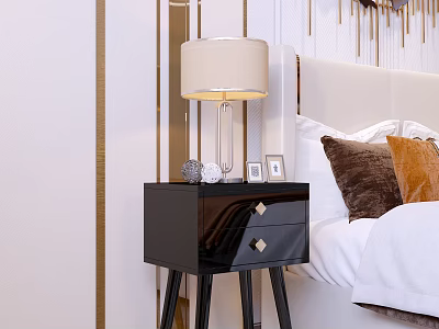 Modern Glossy Black Bedside Table With Table Lamp Photo Frames And Decorative Items In Bedroom 3d model