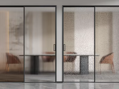 Modern Glass Doors With Vertical Striped And Textured Glass Black Frames Wooden Chairs 3d model