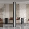 Modern Glass Doors With Vertical Striped And Textured Glass Black Frames Wooden Chairs