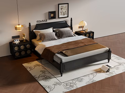 Elegant Double Bed With Black Headboard Pillows Blanket Nightstands Table Lamps Wall Art And Rug 3d model