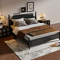 Elegant Double Bed With Black Headboard Pillows Blanket Nightstands Table Lamps Wall Art And Rug