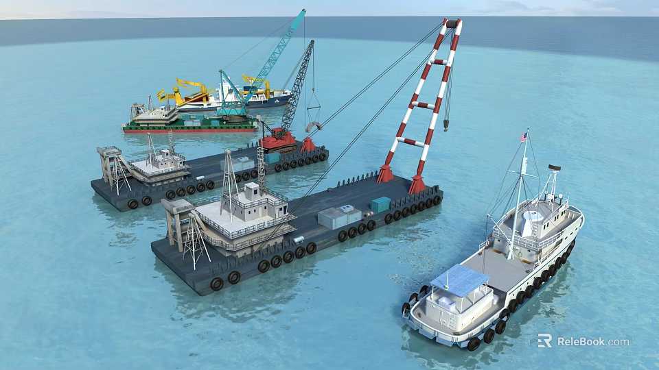 Offshore Marine Work Vessels With Cranes Barge And Floating Platforms 3d model 