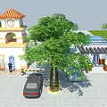 Entrance Gate With Security Booth Clock Tower Trees And Car On Paved Ground