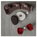 Modern Curved Brown Sofa And Round White Coffee Table Set With Red Accent Chairs 3d model