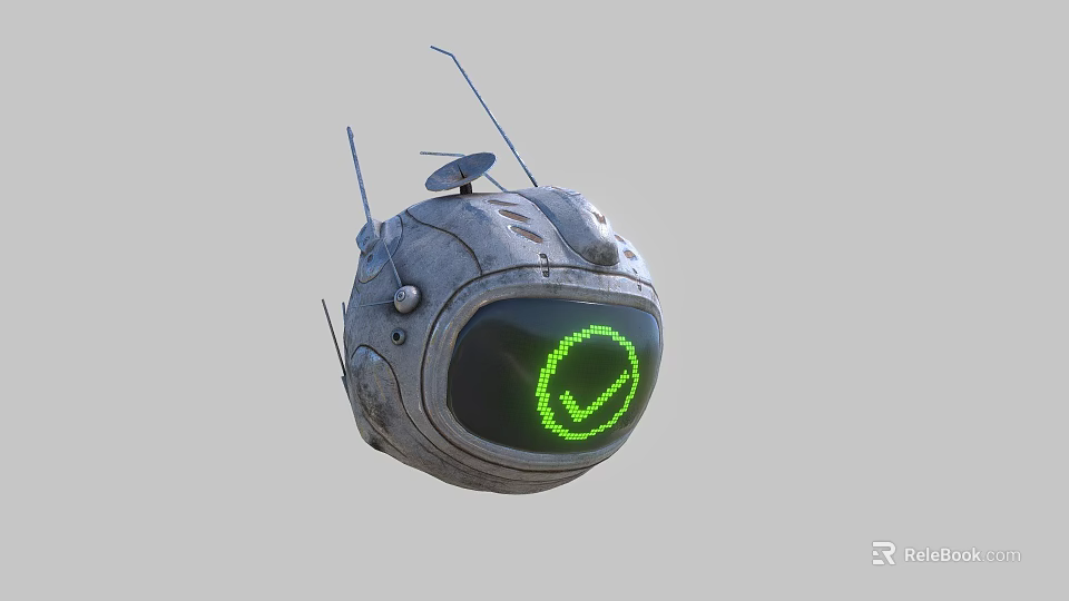 Futuristic Spherical Robot With Metallic Surface Green Smiley Face And Antennas 3d model 