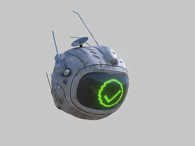 Futuristic Spherical Robot With Metallic Surface Green Smiley Face And Antennas 3d model