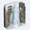 Natural Stone Wood Formation With Icy Waterfall And Snow Covered Surface