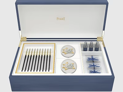 Parker Blue Gift Box Stationery Set With Fountain Pens Emblem Plates Ink Bottles And Ribbons 3d model