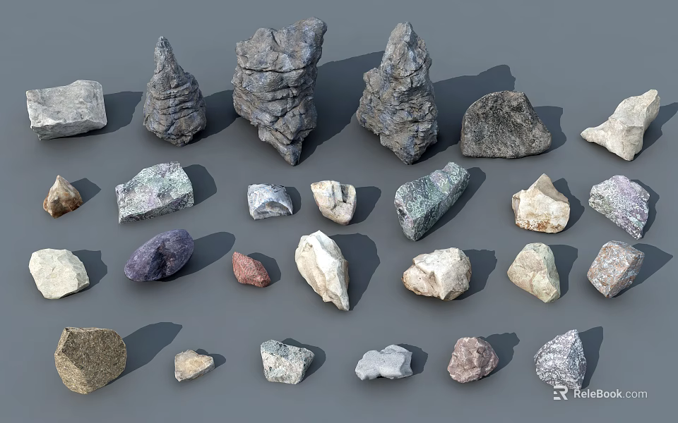 Natural Stone And Wood Samples With Various Shapes And Textures On 3d model
