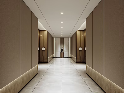 Elegant Modern Hotel Corridor With Wooden Panel Walls And Soft Ambient Lighting 3d model
