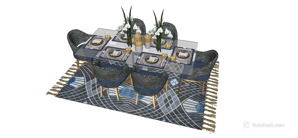 Modern Dining Table Set With Six Navy Blue Chairs Golden Legs Geometric Rug And Tableware 3d model 