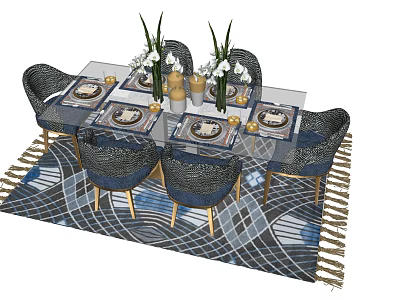 Modern Dining Table Set With Six Navy Blue Chairs Golden Legs Geometric Rug And Tableware 3d model