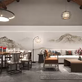 Chinese Style Interior Design Featuring Living Dining Area Wooden Furniture Pendant Lights And Landscape Painting