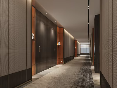 Modern Elevator Hallway Interior Design With Wooden Panels And Carpet Flooring 3d model