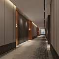 Modern Elevator Hallway Interior Design With Wooden Panels And Carpet Flooring