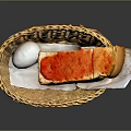 Woven Basket With Sliced Bread And White Egg On Dark Background 3d model