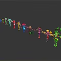 Colorful Cartoon Game and Movie Characters in a Row with Varied Colors and Holding Objects