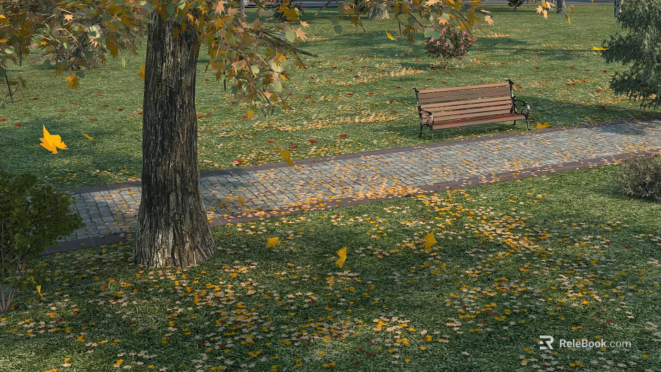 Tranquil Autumn Garden Scenery With Tree Bench Fallen Leaves And Paved Path On Grass 3d model 