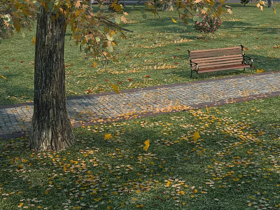 Tranquil Autumn Garden Scenery With Tree Bench Fallen Leaves And Paved Path On Grass 3d model