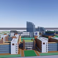 Modern Commercial Complex With Multiple Buildings Green Spaces Football Field And Plazas