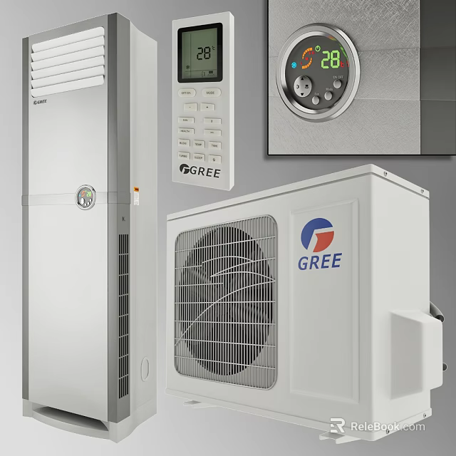 GREE Air Conditioner Fan With Indoor Outdoor Units Remote Control And Panel 3d model 