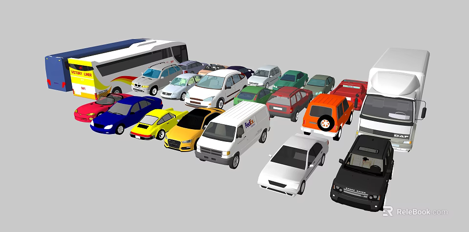 Different Types Of Colorful Cars And Vehicles Parked Together In 3d model 