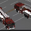 Two Red Fire Trucks with Ladders Parked in Open Area with White Ground Lines