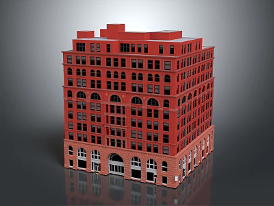Red Brick Multi Story Building With Arched And Rectangular Windows And Ground Floor Entrance 3d model